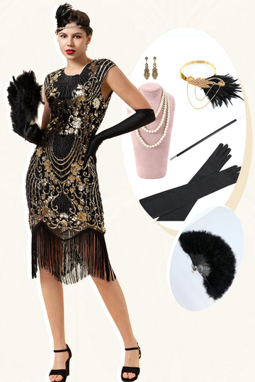 Svart og gylden cap ermer paljett frynser 1920-tallet Gatsby Flapper kjole med 20-tallet tilbehør sett